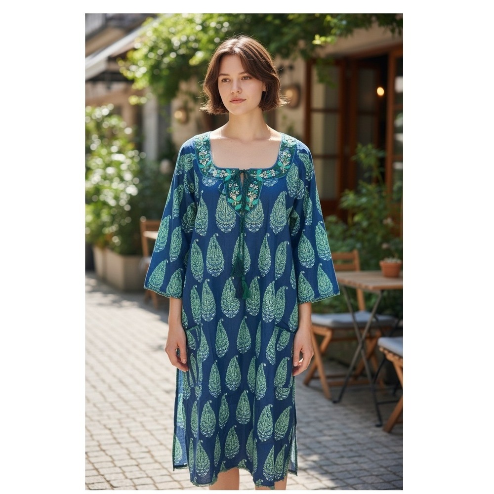 Naudic NWT Midi Kaftan Dress SizeXS Cotton Blue Green Paisley Embroidered Tassel